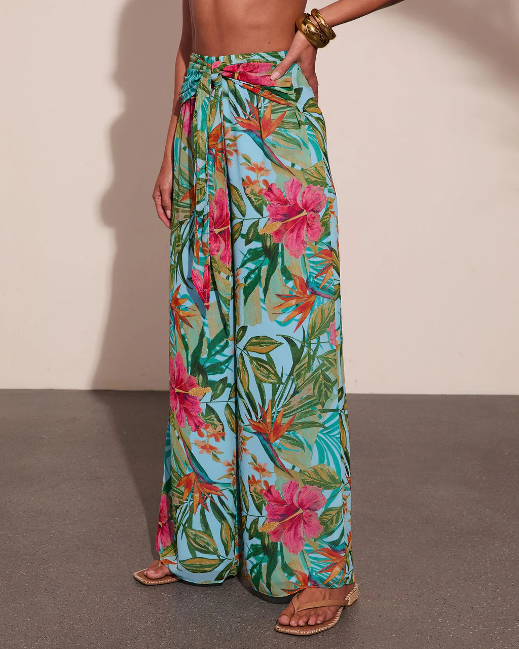 Arellie Tropical Floral Waist Tie Cover Up Pants - Image 3