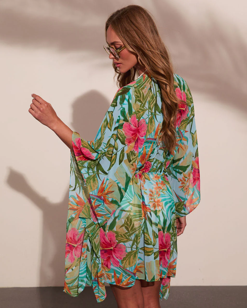 Arellie Tropical Floral Waist Tie Cover Up Top - Image 4