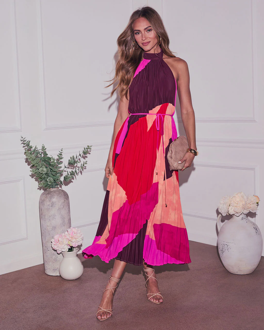 Cheyenne Abstract Pleated Halter Midi Dress - Image 7