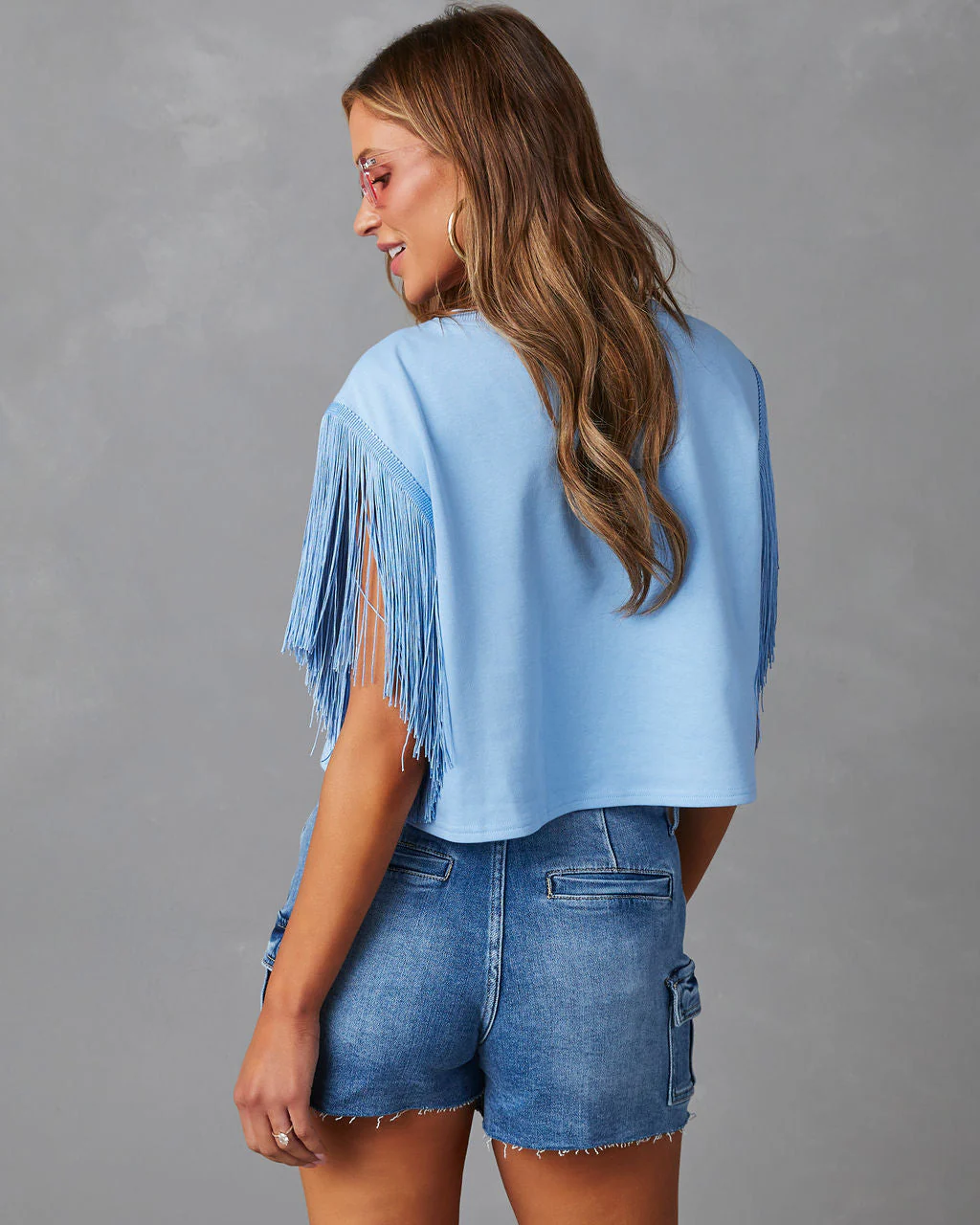 Cowgirl Short Sleeve Fringe Crop Top - Image 2