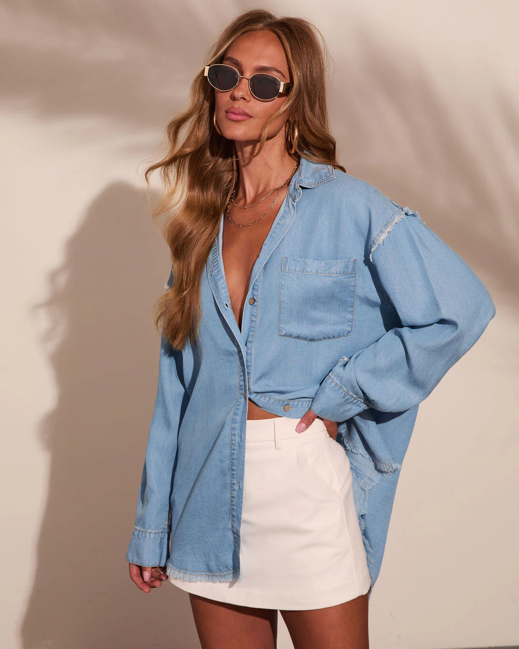 Daisee Frayed Trim Chambray Button Down Top - Image 3