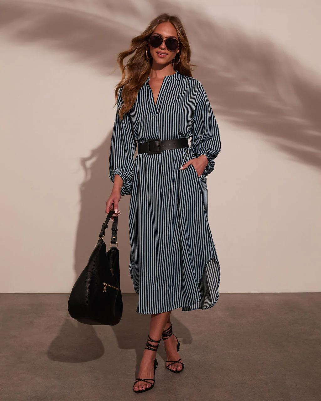 Dimarco Striped Pocketed Belted Midi Dress - Image 11
