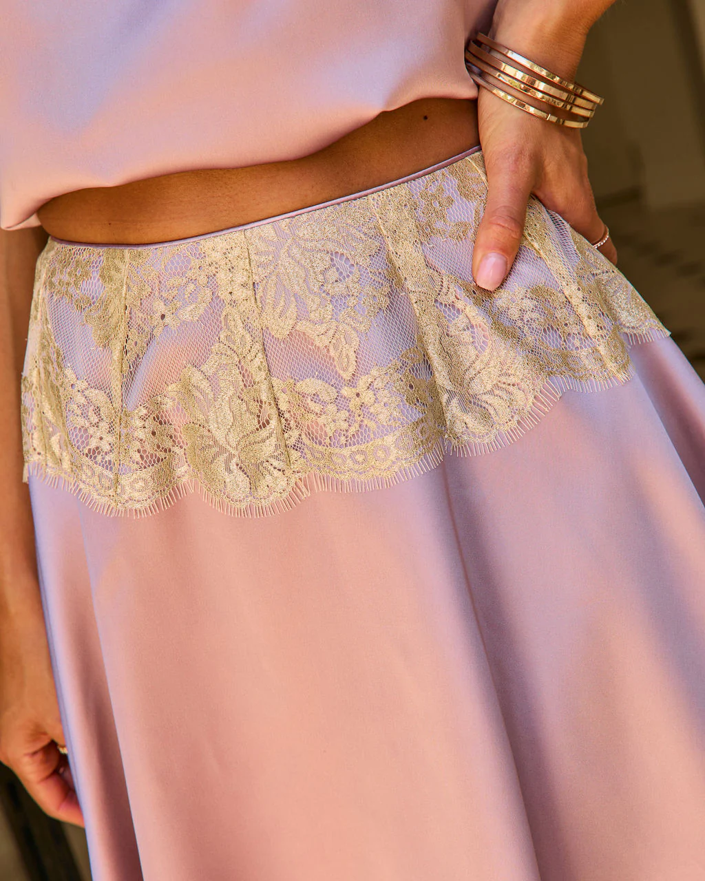 Golden Nights Satin Lace Trim Mini Skirt - Image 6
