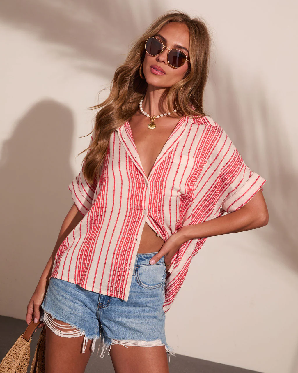Libertee Embroidered Striped Button Down Top