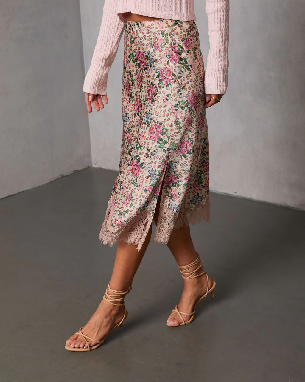 Oleandra Satin Lace Trim Midi Skirt - Image 3