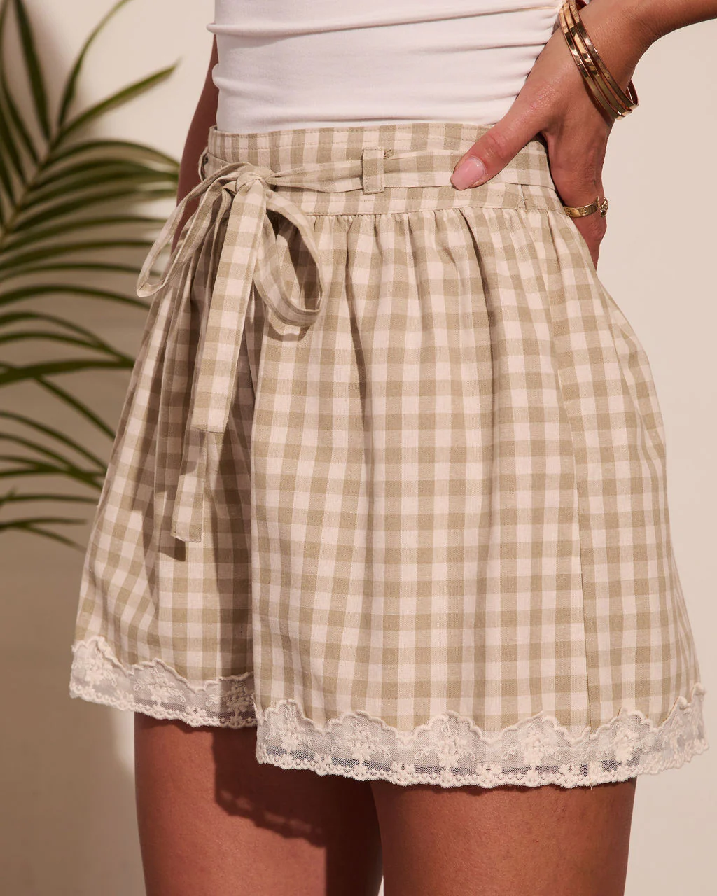 Prina Gingham Lace Trim Waist Tie Shorts - Image 3