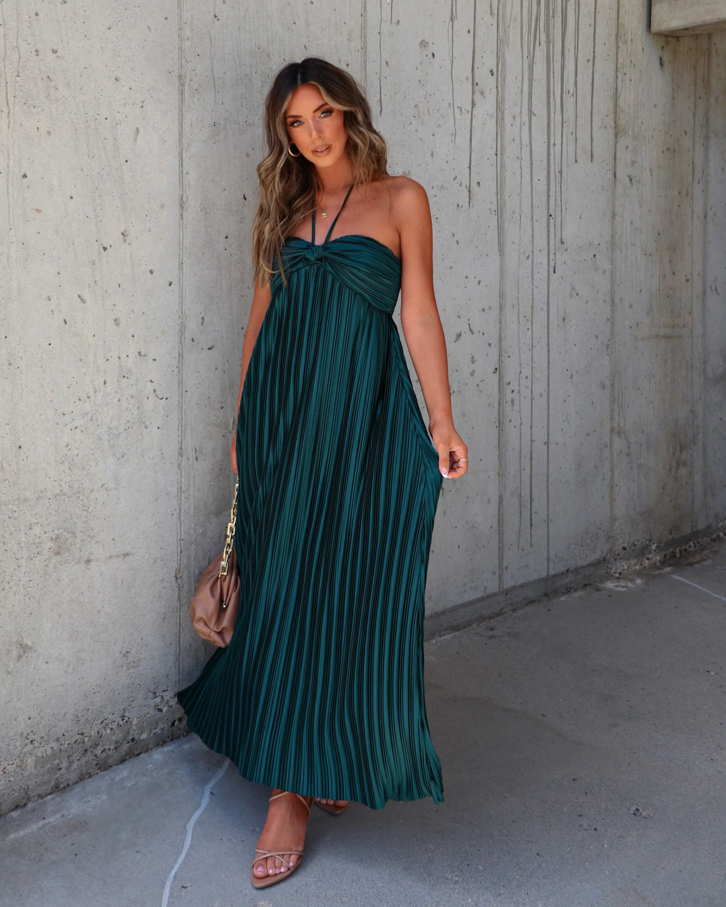 Raise A Toast Satin Plisse Halter Maxi Dress - Image 12