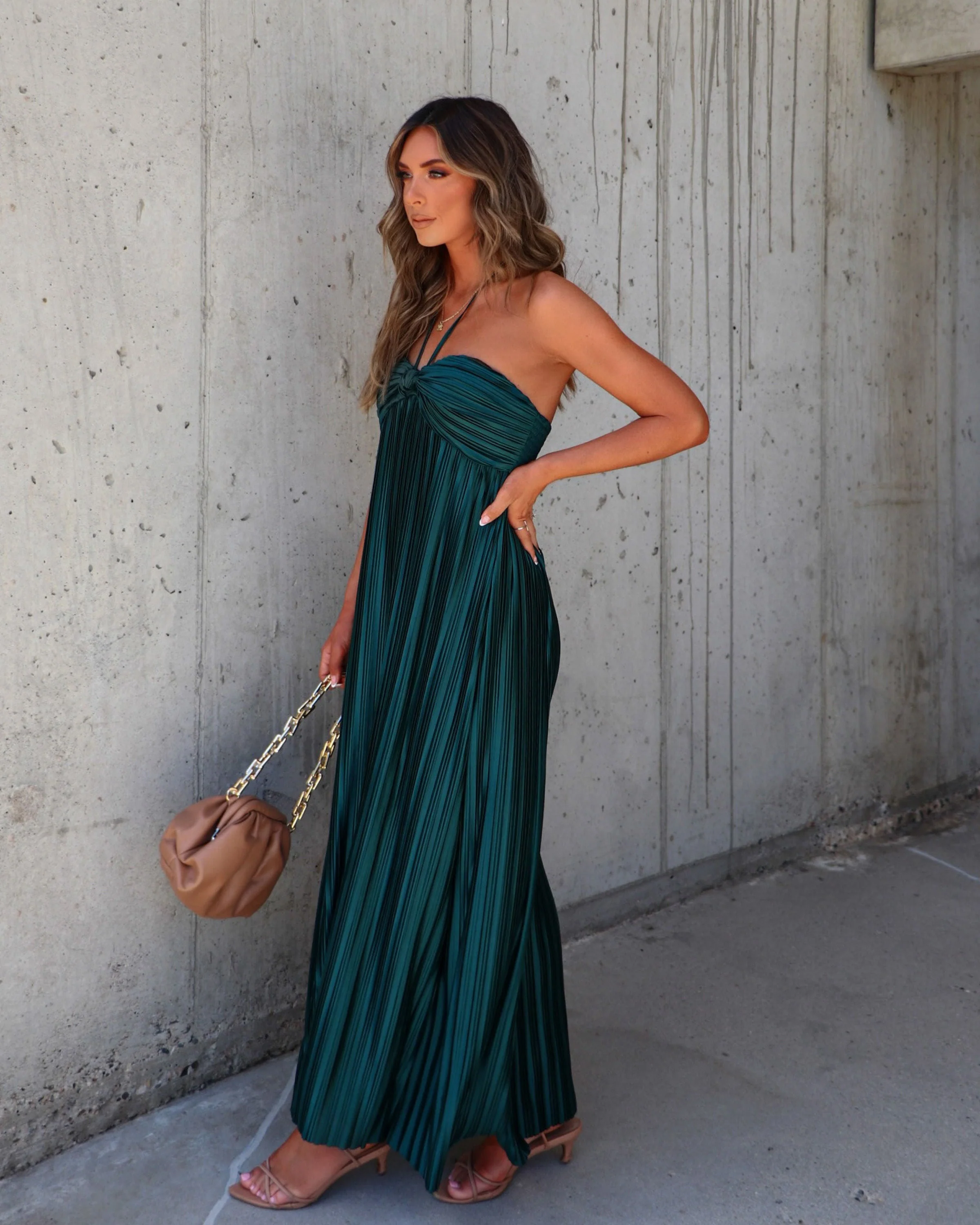 Raise A Toast Satin Plisse Halter Maxi Dress - Image 14