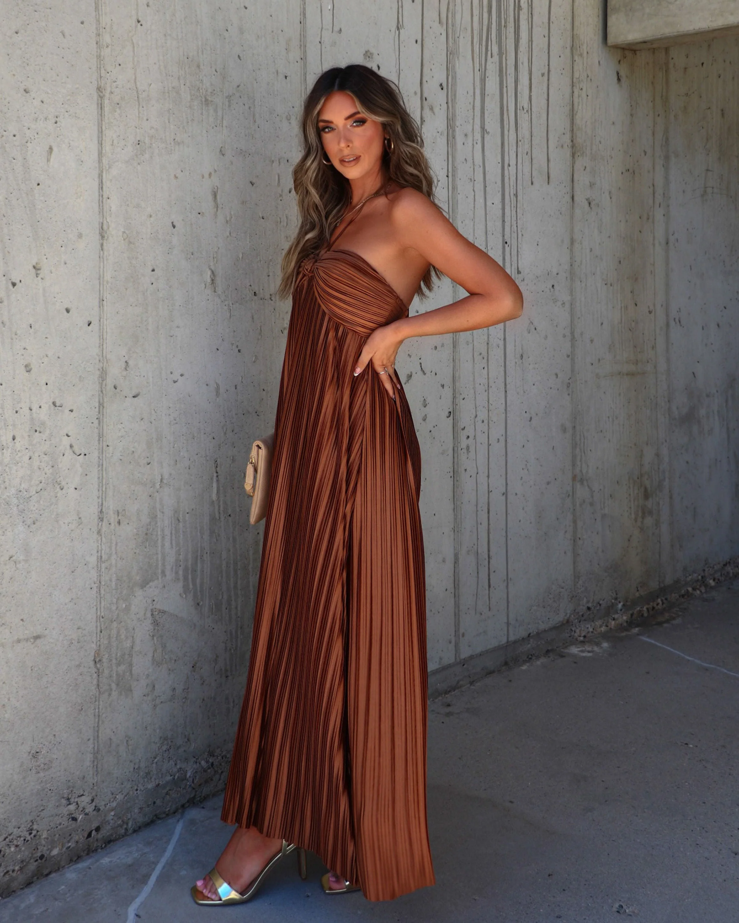Raise A Toast Satin Plisse Halter Maxi Dress - Image 3