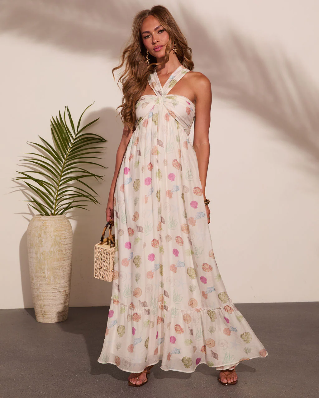 Sea Shimmer Seashell Print Halter Neck Maxi Dress - Image 5