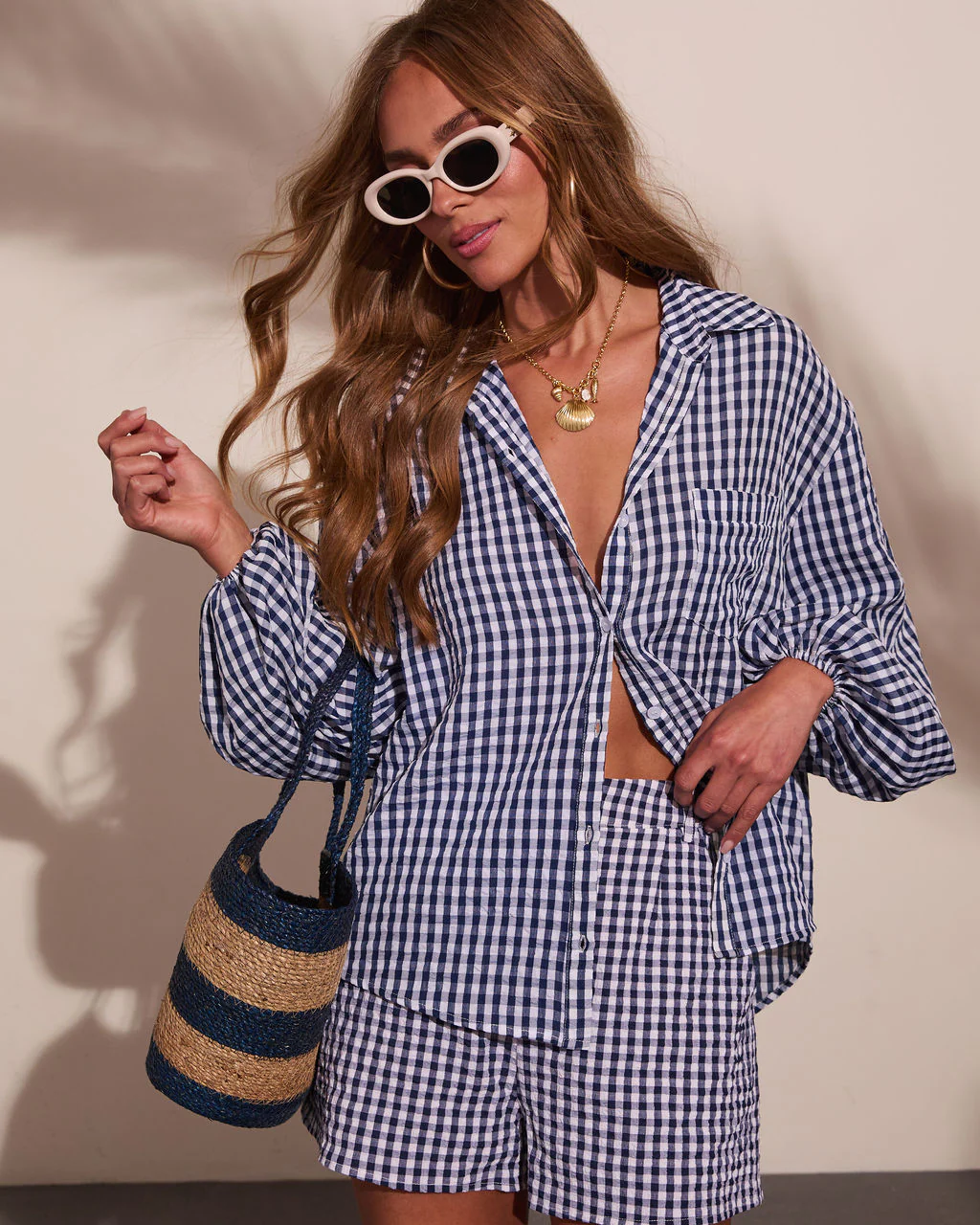 Sun Weathered Gingham Print Button Down Top - Image 11