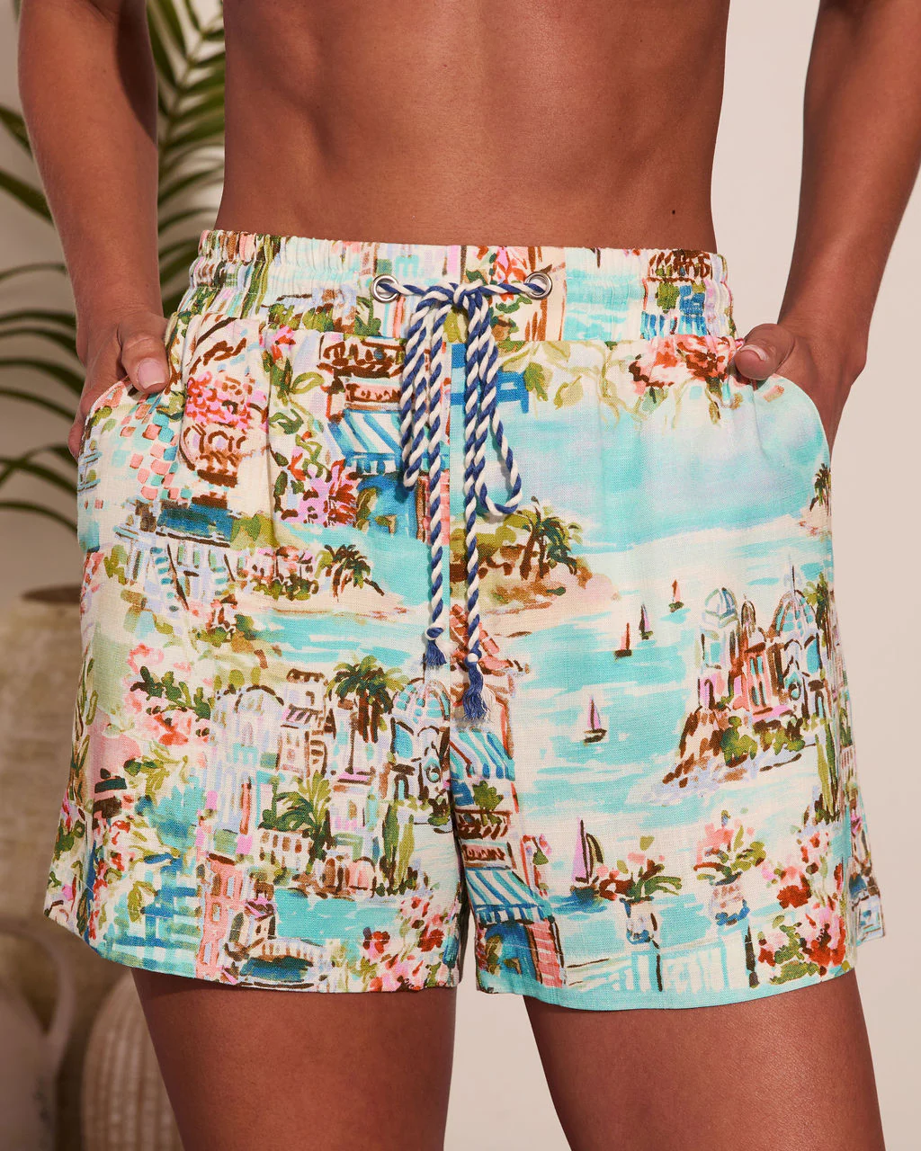 Sunlit Society Novelty Print Linen Blend Drawstring Shorts - Image 5