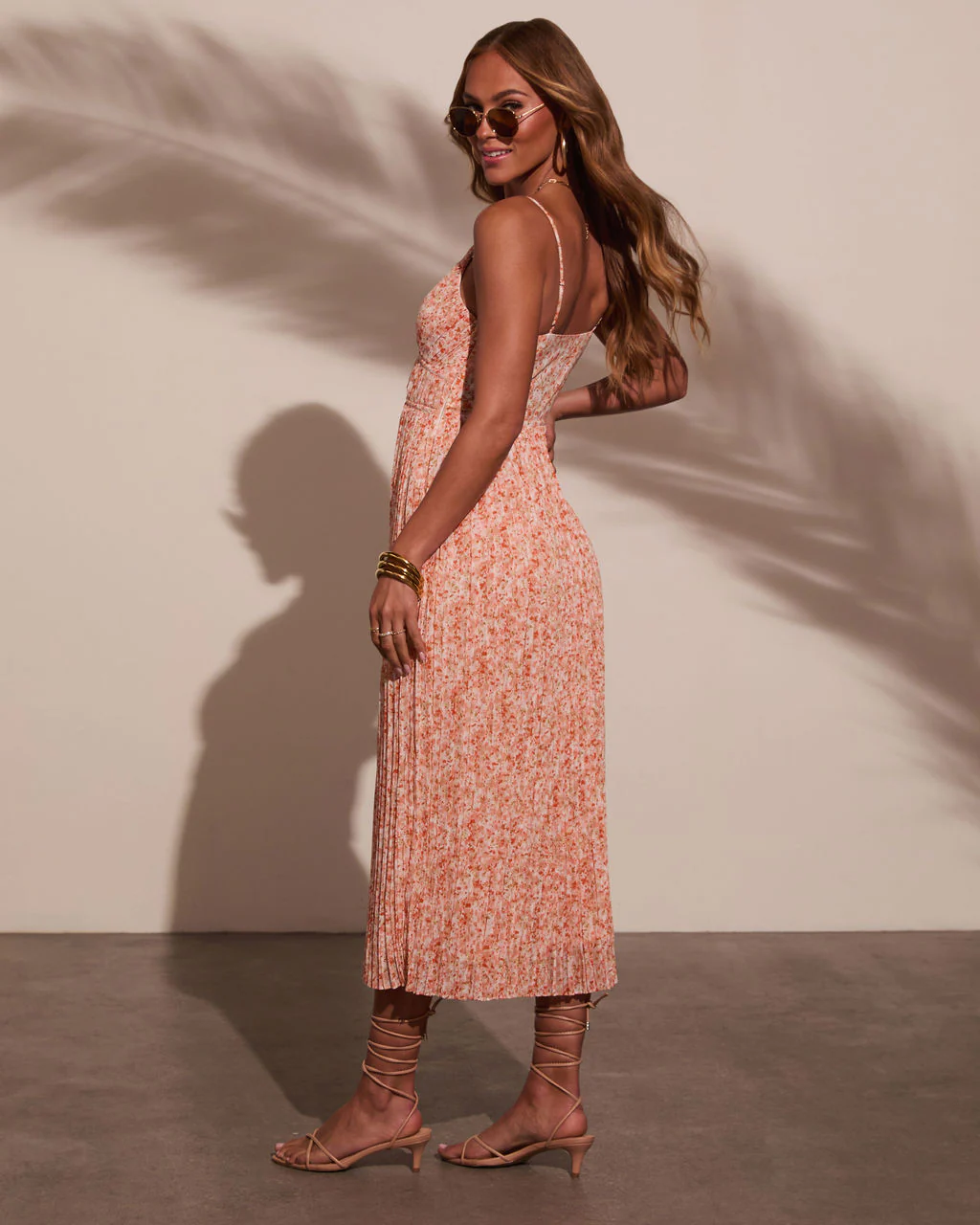 Sunset Kiss Pleated Floral Midi Dress - Image 4