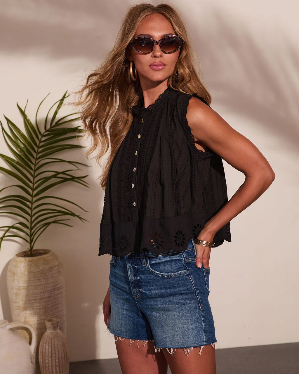 Sweet Victory Mock Neck Cotton Eyelet Top - Image 3
