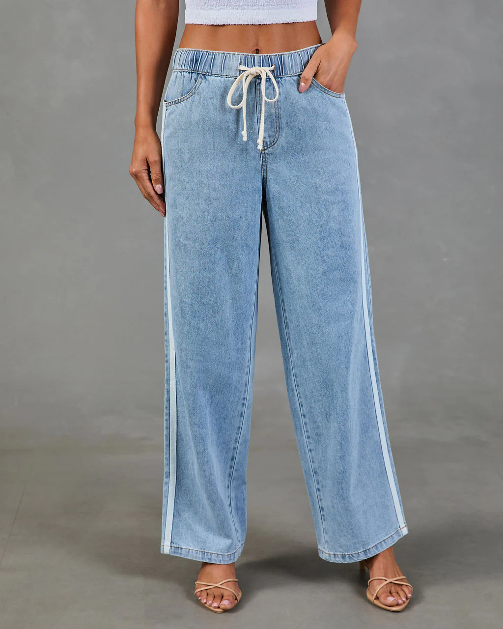 Understated Chic Drawstring Contrast Striped Jeans - Image 2